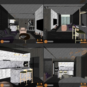 طراحی داخلی نشیمن و آشپزخانه لوکس برای اسکچاپ