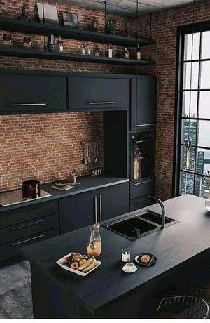 آشپزخانه مدرن با دیوار اجری