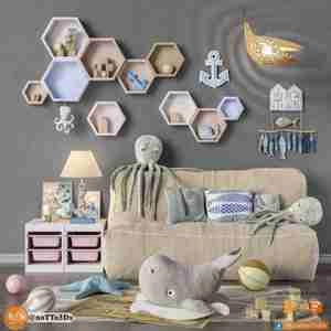 دکور اتاق کودک با اسباب بازی و شلف و عروسک برای اسکچاپ