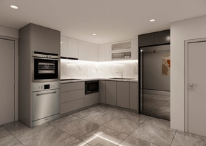 طراحی داخلی نشیمن و آشپزخانه تم سفید مدرن و مینیمال دوبلکس