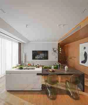 طراحی داخلی نشیمن و آشپزخانه با ترکیب رنگ سبز و چوب برای اسکچاپ