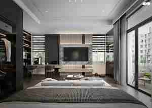 طراحی اتاق خواب با کمد دیواری مشکی و تخت سفید