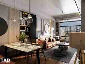 طراحی داخلی فضای نشیمن و آشپزخانه مدرن و لوکس برای اسکچاپ