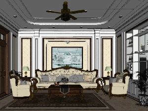 طراحی داخلی نشیمن و آشپزخانه نئوکلاسیک برای اسکچاپ