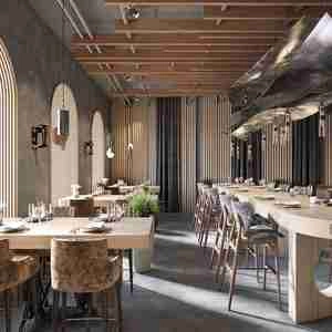 طراحی داخلی کافی شاپ با سقف چوب راه راه و تم بتنی طوسی