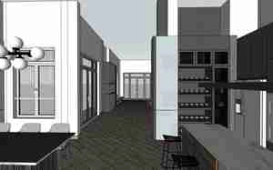 طراحی  داخلی نشیمن و آشپزخانه مدرن در کنار پله برای اسکچاپ