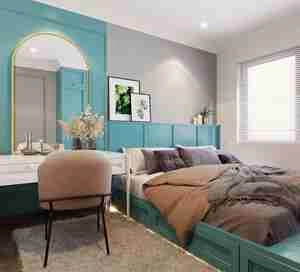 طراحی داخلی اتاق خواب مدرن با تم رنگی آبی برای اسکچاپ