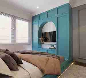 طراحی داخلی اتاق خواب مدرن با تم رنگی آبی برای اسکچاپ