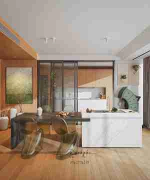 طراحی داخلی نشیمن و آشپزخانه با ترکیب رنگ سبز و چوب برای اسکچاپ