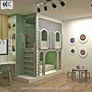 طراحی اتاق امیر پارسای ۶ ساله  طوسی سبز سفید