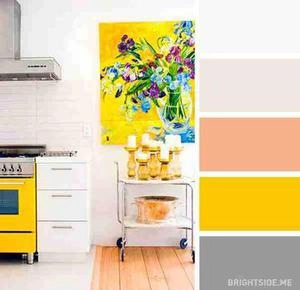 ترکیب رنگ زرد و خاکستری و سفید در آشپزخانه
