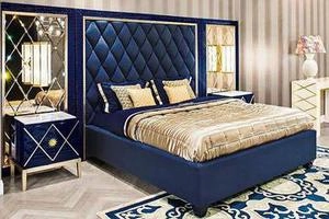 تخت خواب آبی طلایی با ست کامل آباژور و پاتختی