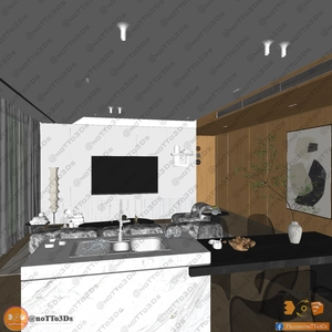 طراحی داخلی نشیمن و آشپزخانه با ترکیب رنگ سبز و چوب برای اسکچاپ