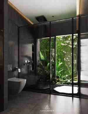 طراحی داخلی فضای حمام و سرویس بهداشتی مدرن با تم مشکی برای اسکچاپ