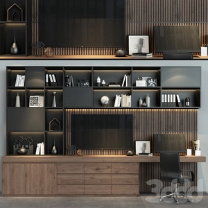 طراحی دیوار تلویزیون و میز کار و قفسه دکوری