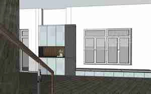 طراحی  داخلی نشیمن و آشپزخانه مدرن در کنار پله برای اسکچاپ