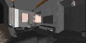 طراحی داخلی نشیمن و آشپزخانه مینیمال با تم مشکی برای اسکچاپ