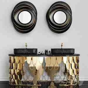 طراحی روشوی با پایه طلایی فلزی و سنگ مشکی Koi vanity caabinet