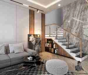 طراحی  داخلی نشیمن و آشپزخانه مدرن در کنار پله برای اسکچاپ