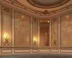 طراحی داخلی اتاق کلاسیک با تم رنگی طلایی و ابزار های گچبری ورق طلا شده