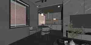 طراحی داخلی نشیمن و آشپزخانه مینیمال با تم مشکی برای اسکچاپ