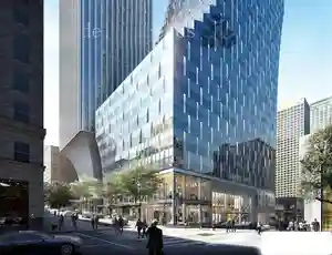 صحنه آماده ساختمان های شیشه ای وسط شهر