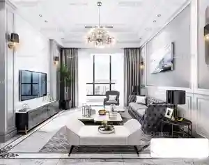 صحنه آماده داخلی با اتاق تی وی و ناهارخوری