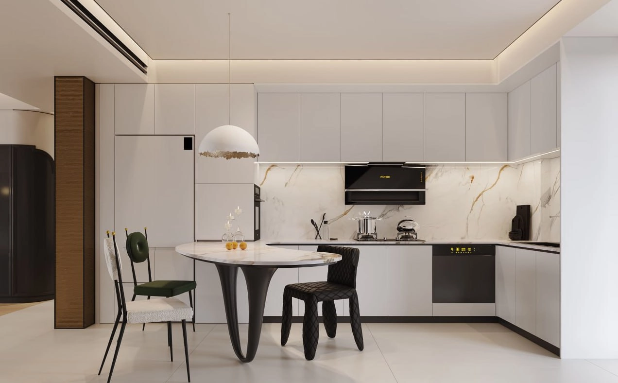 طراحی و اجرا کابینت با تم رنگ سفید و صندلی مشکی تبریز