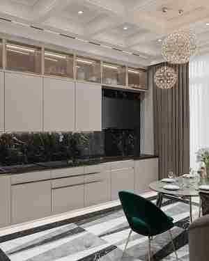 طراحی  کابینت آشپزخانه طرح مدرن  ام دی اف با دستگیره های طلایی