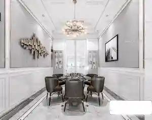 صحنه آماده داخلی با اتاق تی وی و ناهارخوری