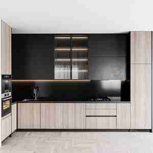 طراحی کابینت آشپزخانه دو رنگ کرم و مشکی