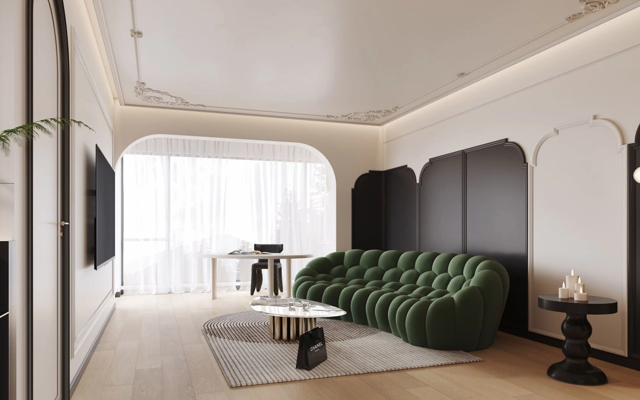 طراحی نشیمن با مبل سفید دیوار سفید مشکی تبریز