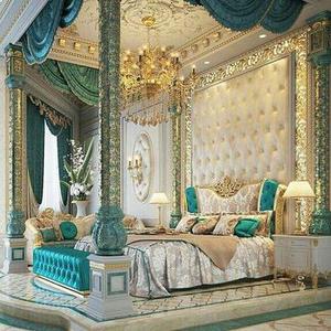 اتاق خواب کلاسیک با رنگ فیروزه ای و طلائی