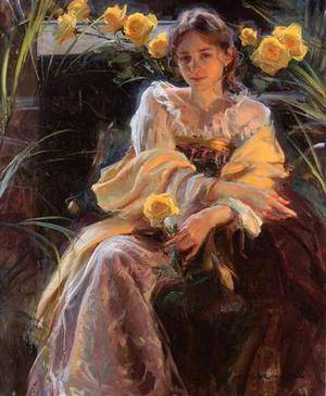 نقاشی زن با گل رز