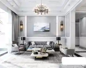 صحنه آماده داخلی با اتاق تی وی و ناهارخوری