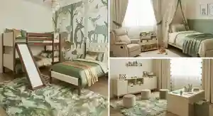 طراحی اتاق خواب کودک با سه تخت خواب با رنگ های سبز/کرم