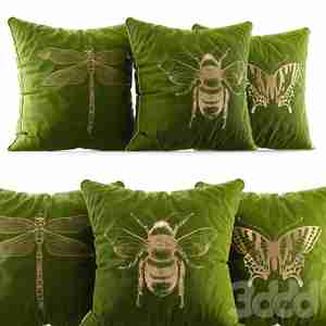 کوسن سبز با حشرات زنبور و سنجاقک و پروانه Velvet pillows