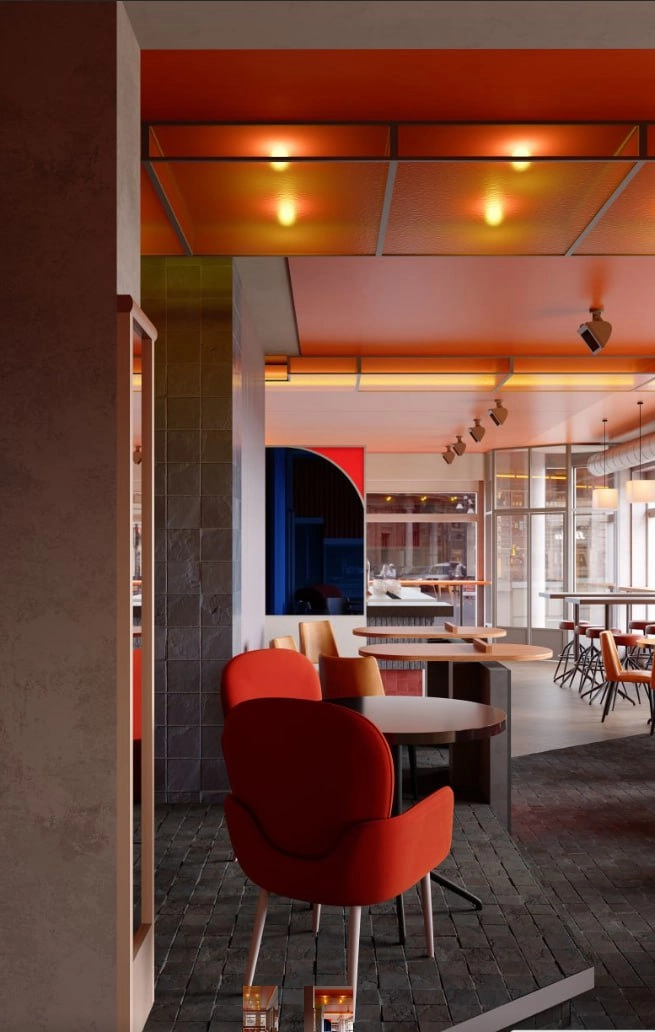 طراحی رستوران با ترکیب صندلی قرمز تبریز