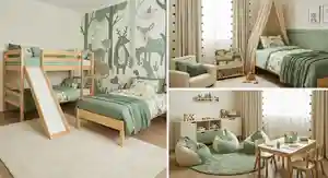 طراحی اتاق خواب کودک با سه تخت خواب با رنگ های سبز/کرم