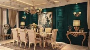 طراحی داخلی نشیمن با رنگ سبز سلطنتی