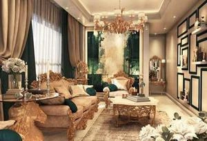 طراحی داخلی نشیمن با رنگ سبز سلطنتی