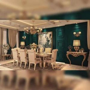 طراحی داخلی نشیمن با رنگ سبز سلطنتی