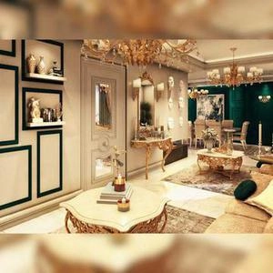 طراحی داخلی نشیمن با رنگ سبز سلطنتی