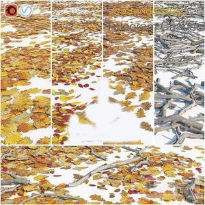 ابجکتهای 3d برگ و شاخه زرد پاییزی رو زمین ریخته